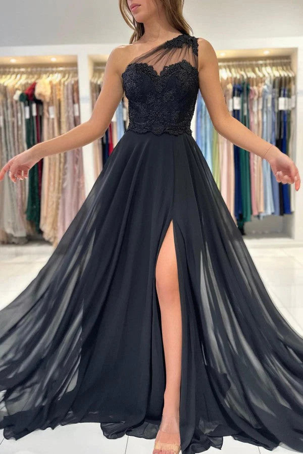 Weitese Dress Glamorous One Shoulder Black Party Dress A-Line With Lace Prom Dress